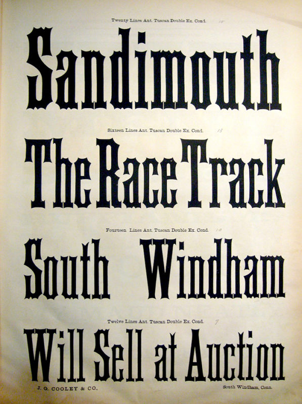 Image of type specimen catalog page showing samples of Antique Tuscan Double Extra Condensed.