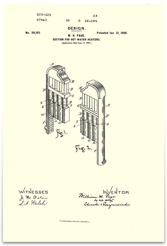 Patent application showing technical drawing of hot-water heater. Images in black on cream background.