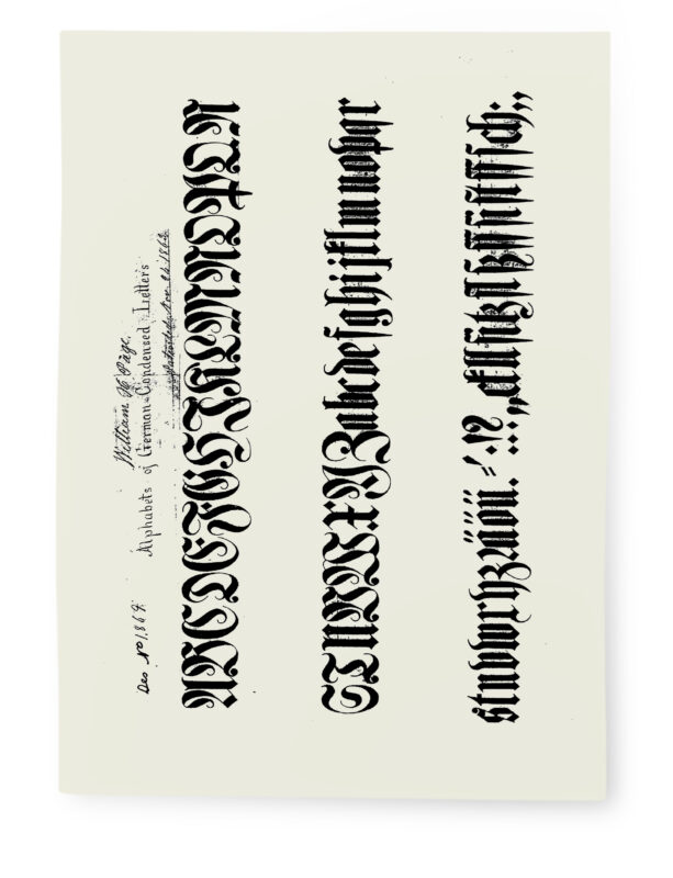 Image of patent application showing samples of full alphabet of Condensed German script in black on cream background.